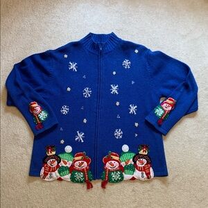 Repartee Blue Beaded Snowman Cardigan Snowflake Front&Back Design Size Small